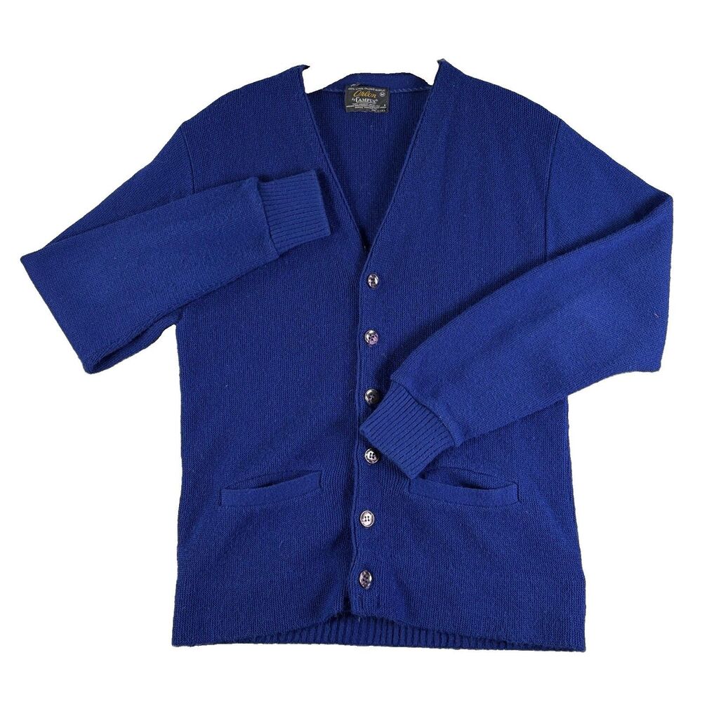 Vintage Orlon Campus Cardigan Sweater Mens Medium Navy Blue Golf Old Money USA